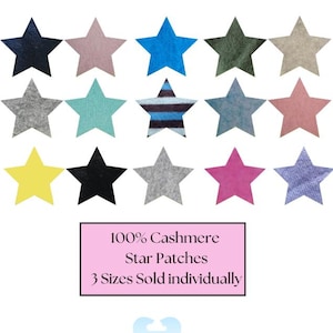 May include: A selection of star-shaped cashmere patches in diverse colours, such as blue, pink, and grey. The image text states "100% Cashmere Star Patches 3 Sizes Sold individually."