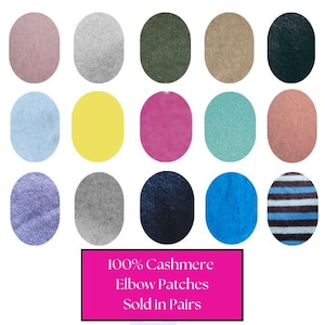 May include: A selection of oval-shaped 100% cashmere elbow patches in diverse colours, such as pink, grey, green, and blue. The patches are arranged in rows and columns. Text at the bottom reads "100% Cashmere Elbow Patches Sold in Pairs."