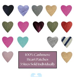 May include: A selection of heart-shaped cashmere patches in diverse colours such as black, pink, and green, arranged on a white backdrop. A purple rectangle displays text: "100% Cashmere Heart Patches 3 Sizes Sold individually."