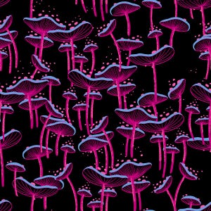 Könnte beinhalten: Ein sich wiederholendes Muster aus stilisierten Pilzen in Rosa- und Blautönen auf schwarzem Hintergrund. Die Pilzkappen haben einen blauen Umriss und rosa Punkte. Die Stiele sind rosa und erzeugen ein lebendiges, psychedelisches Design.