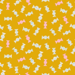 Puede incluir: Un patrón sin costuras con caramelos blancos y rosados con lunares azules sobre un fondo amarillo.