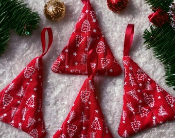 Handmade cotton fabric christmas tree decorations in red quilted cotton