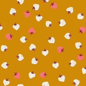 May include: A repeating pattern of white and pink strawberries with brown stems scattered on a mustard yellow background. The strawberries are stylized with a simple, cartoon-like design, creating a playful and cheerful aesthetic.