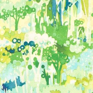 May include: Abstract watercolor painting of a forest scene with green, blue, and yellow colors. The painting features a variety of trees and foliage, creating a sense of depth and texture.