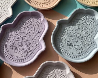 Handcrafted Concrete Hamsa Tray: Fatima Hand, Evil Eye Decor, Jewelry Plate, Wedding Favors