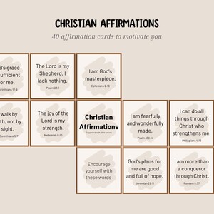 May include: A collection of Christian affirmation cards with inspirational quotes. The cards are arranged in a grid, featuring phrases like "God's grace is sufficient for me" and "I am God's masterpiece."