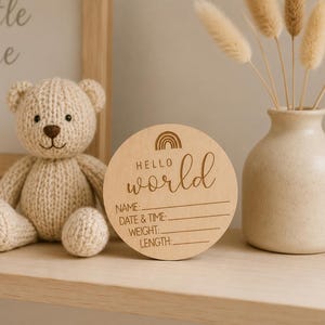 Hello World Baby Announcement Disc | Wooden Baby Name Sign | Baby Arrival Plaque | Newborn Photo Prop | Baby Shower Gift | Birth Announcemen