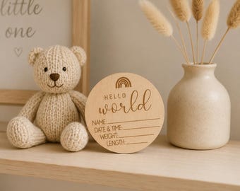 Hello World Baby Announcement Disc | Wooden Baby Name Sign | Baby Arrival Plaque | Newborn Photo Prop | Baby Shower Gift | Birth Announcemen