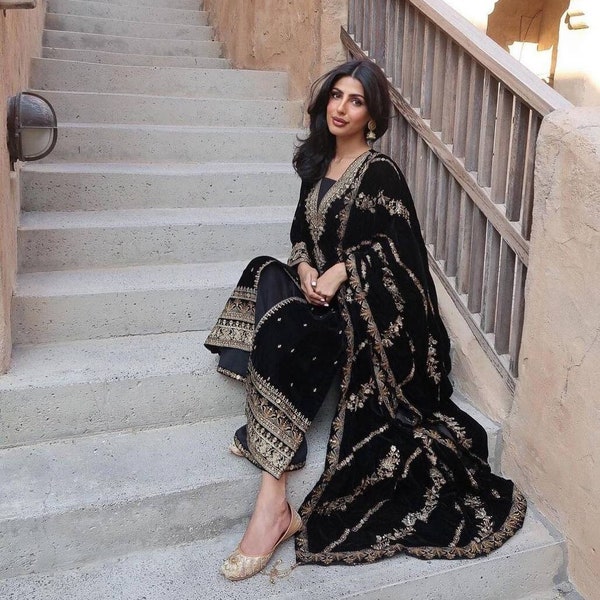 Designer Black Velvet Salwar Kameez with Embroidery Work, Indian Pakistani Salwar Suit, Readymade Stitched Salwar Suit shine for women