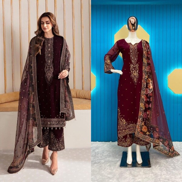 Maroon Color Salwar Kameez, Pakistani Salwar Kameez, Bollywood Style Embroidery Work Sharara Salwar Suit, Pre Stitched Punjabi Dresses