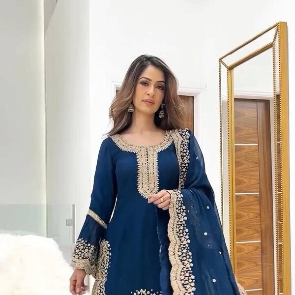 Wedding Wear Blue Sharara suit  Set with Duppatta, Pakistani Designer Georgette 3 piece Salwar Kameez for Weddings Readymade Dresses