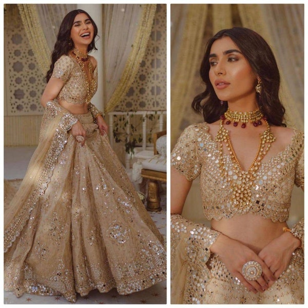 Indian Designer Golden Foil Mirrors Lehnga Gold Net Lehnga Party Wear Choli Hot Selling Dress
