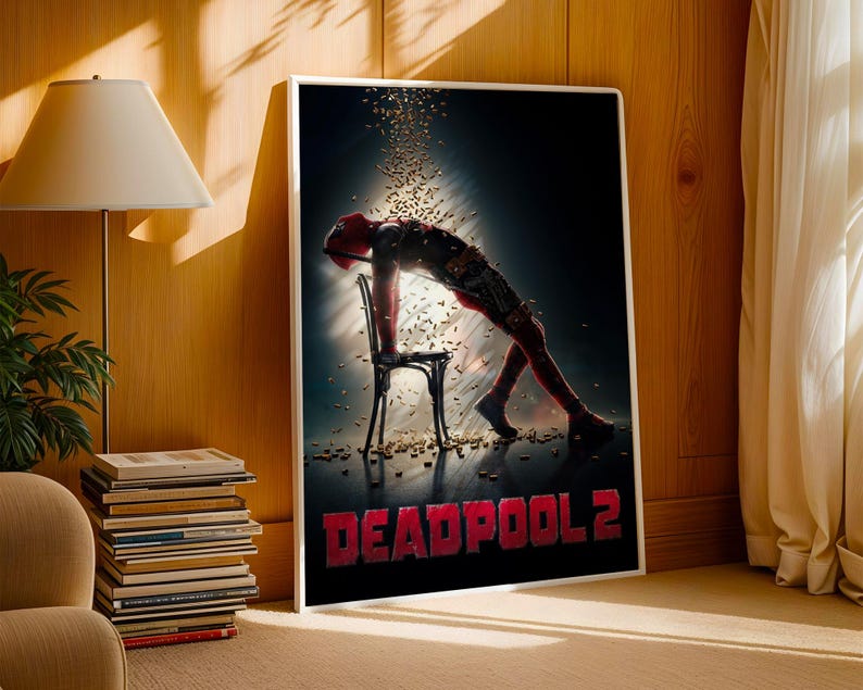 May include: A framed poster featuring the Deadpool 2 movie. The poster shows a figure in a red and black suit leaning over a chair, with the title "DEADPOOL 2" in red at the bottom. The background is dark with golden particles.