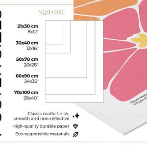 May include: Poster sizes are listed in centimeters and inches, including 8x12", 12x16", 20x28", 24x35", and 28x40". The poster features a pink floral design with a yellow center. The poster is made of high-quality, durable paper with a classic matte finish.