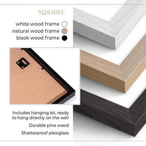 May include: Image of three wood picture frames in white, natural, and black. The frames are shown at an angle, with a close-up of the back of a black frame. Text on the left reads "WOOD FRAMES". The frames are made of durable pine wood and shatterproof plexiglass.