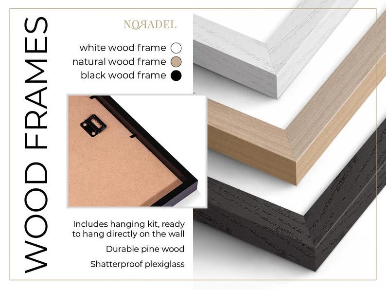 May include: Image of three wood picture frames in white, natural, and black. The frames are shown at an angle, with a close-up of the back of a black frame. Text on the left reads "WOOD FRAMES". The frames are made of durable pine wood and shatterproof plexiglass.
