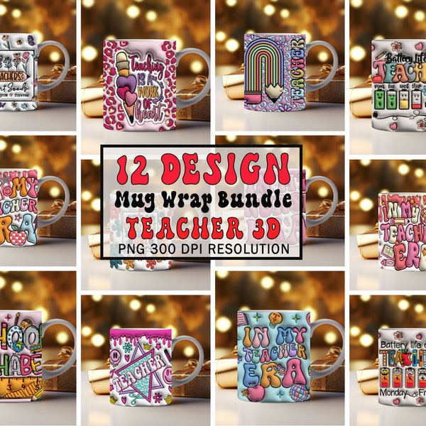 12+ Teacher 3D Mug PNG Bundle, Teach Lover PNG, 3D Puff Teacher Mug Sublimation, Teacher Gift , Teacher Affirmation Mug, Commercial Use