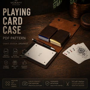 May include: A brown leather playing card case with a flap closure, containing two decks of cards and a pen. The case is displayed with a white notepad and a fan of playing cards. Text on the image includes VCRAFT ATELIER, PLAYING CARD CASE, and PDF PATTERN.