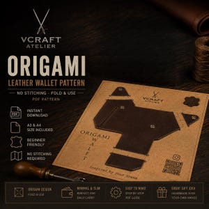 May include: A brown paper template for an origami leather wallet pattern by VCRAFT ATELIER. The template features a flat, cut-out design with text reading ORIGAMI WALLET and a QR code. It includes icons for PDF download, A3 and A4 sizes, and no stitching.