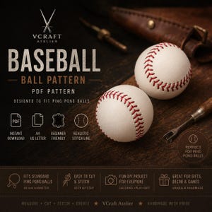 Puede incluir: Un patrón PDF digital para una funda de pelota de béisbol diseñada para pelotas de ping pong estándar. La imagen muestra dos esferas blancas con costuras rojas, junto con texto que incluye VCRAFT ATELIER, BASEBALL BALL PATTERN e iconos para descarga instantánea, formato A4 e instrucciones para principiantes.