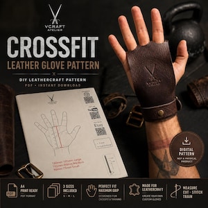 Op de afbeelding: Een donkerbruine lederen handpalm beschermer voor CrossFit training, voorzien van een ingedrukt logo. Het digitale patroondocument toont maataanduidingen voor small, medium en large, met afmetingen van 75mm tot 120mm, en bevat QR-codes.
