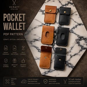 May include: A digital PDF pattern for a pocket wallet by VCRAFT ATELIER, featuring six leather wallet examples in tan and black with metal rivets. The image includes text labels for instant download, A4 size, and rivet assembly instructions.