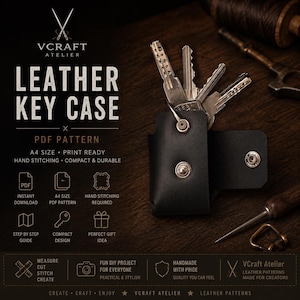 May include: A black leather key case with a metal snap closure holding three silver keys. The image includes text: VCRAFT ATELIER, LEATHER KEY CASE, PDF PATTERN, A4 SIZE, PRINT READY, HAND STITCHING, COMPACT & DURABLE, INSTANT DOWNLOAD, STEP BY STEP GUIDE.