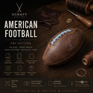 May include: A brown leather American football with light blue stitching and the VCRAFT ATELIER logo. The image includes text detailing a PDF pattern for hand stitching, featuring icons for A4 size, step-by-step guides, and leather craft tools.