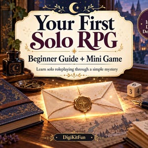 May include: A digital download titled Your First Solo RPG Beginner Guide + Mini Game featuring a glowing envelope with a wax seal, a blue journal with gold moon motifs, a six-sided die, a fountain pen, and an inkwell on a wooden desk.