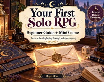Könnte beinhalten: Ein digitaler Download mit dem Titel Your First Solo RPG Beginner Guide + Mini Game, der einen leuchtenden Umschlag mit Wachssiegel, ein blaues Notizbuch mit goldenen Mondmotiven, einen sechsseitigen Würfel, einen Füllfederhalter und ein Tintenfass zeigt.