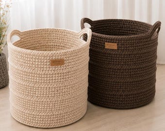 Crochet Rope Laundry Basket Pattern Home Organization Storage Bin with Handles Large Basket Tutorial