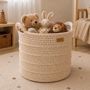 Puede incluir: Una cesta de almacenamiento redonda de tejido color crema con dos asas integradas, llena de varios peluches, incluyendo un oso marrón, un conejo de color tostado claro y un león. Una pequeña etiqueta rectangular de piel sintética está fijada en el lateral.
