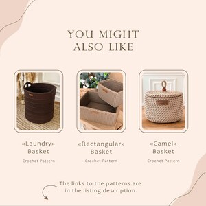 May include: Three crocheted baskets in different shapes and sizes. The baskets are made with a natural beige yarn and have leather handles. The text "You Might Also Like" is at the top of the image.