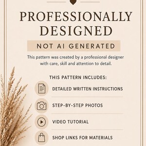 Pode incluir: Uma placa informativa bege com texto castanho escuro indicando PROFESSIONALLY DESIGNED, NOT AI GENERATED, e listando caracter&iacute;sticas do padr&atilde;o: instru&ccedil;&otilde;es escritas detalhadas, fotos passo a passo, tutorial em v&iacute;deo e links de compra.