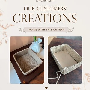 Op de afbeelding: Een grafische weergave met de titel OUR CUSTOMERS' CREATIONS MADE WITH THIS PATTERN met twee rechthoekige manden. De ene mand is beige met een gehaakte bodem, de andere is gebroken wit met een platte houten bodem en zichtbaar koord.