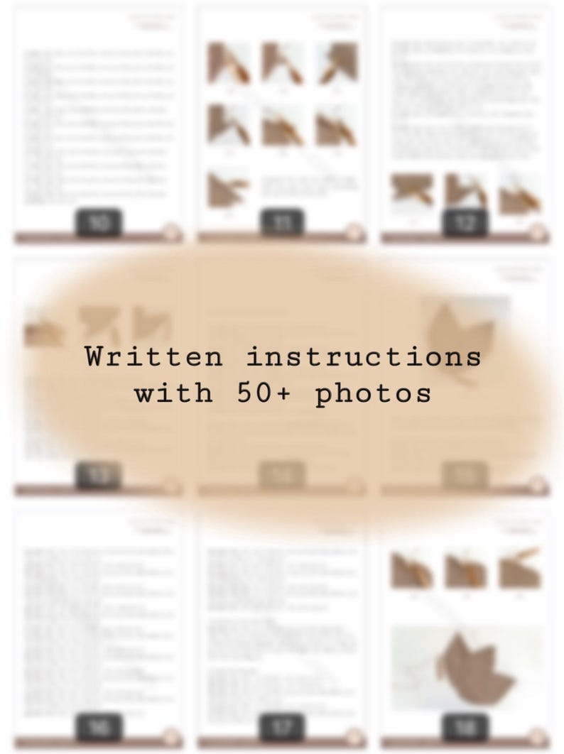 May include: A collection of pages from a craft instruction guide. The pages feature written instructions and over 50 photos. The pages are numbered and have a brown border. The text "Written instructions with 50+ photos" is displayed.