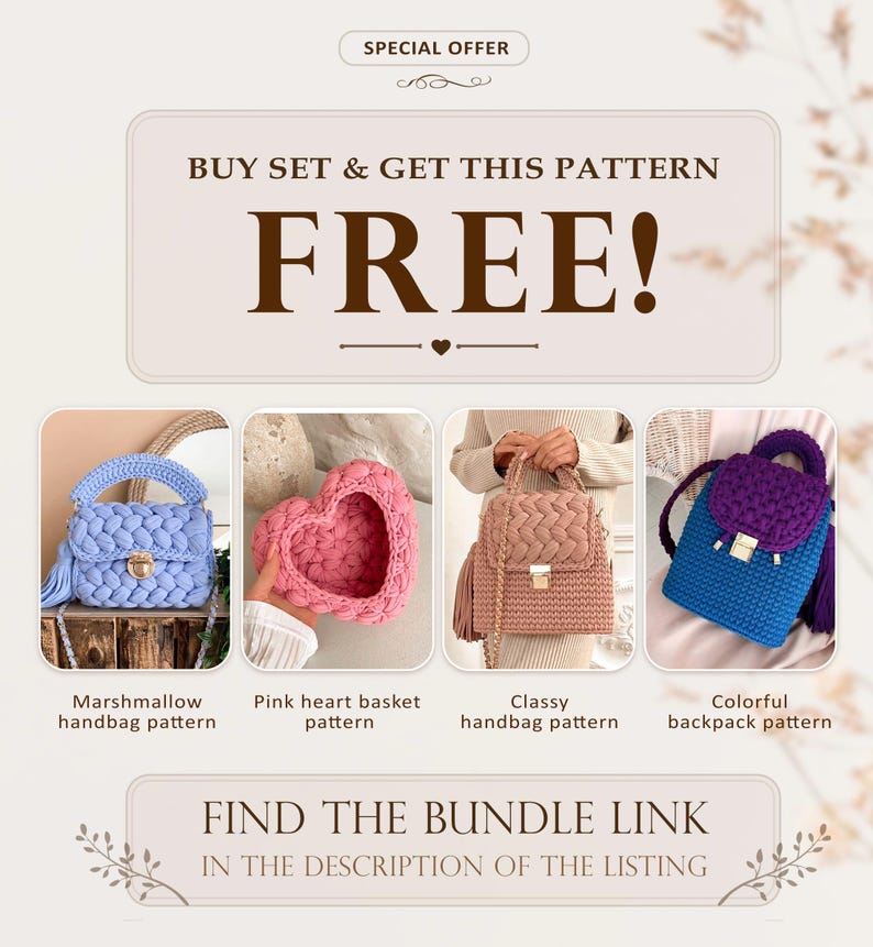 May include: A collection of four crochet items: a light blue handbag, a pink heart-shaped basket, a beige handbag with a braided flap, and a blue and purple backpack. The text reads: BUY SET & GET THIS PATTERN FREE! FIND THE BUNDLE LINK IN THE DESCRIPTION.