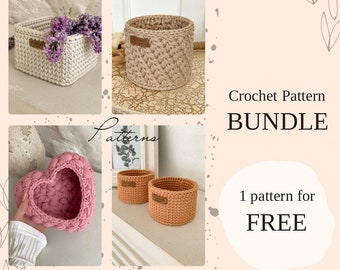 PDF Crochet Basket Pattern Set Crochet Pattern Basket Crocheted Basket Storage Amigurumi Crochet T shirt Yarn Basket Handmade Basket Weaving