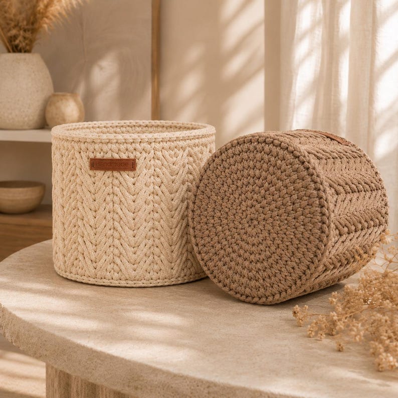 Puede incluir: Dos cestas de almacenamiento cil&iacute;ndricas hechas de cuerda trenzada gruesa. Una cesta es de color crema con una peque&ntilde;a etiqueta rectangular marr&oacute;n en el lateral, mientras que la otra es de un tono beige m&aacute;s oscuro. Ambas tienen un patr&oacute;n de espiga.