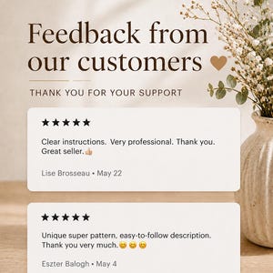 May include: A customer feedback graphic featuring the text Feedback from our customers and Thank you for your support. Two white review cards display five-star ratings, comments from Lise Brosseau and Eszter Balogh, and a beige vase with dried flowers.