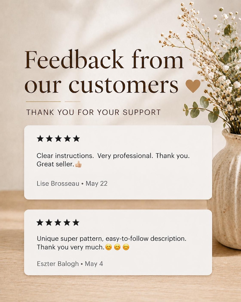 May include: A customer feedback graphic featuring the text Feedback from our customers and Thank you for your support. Two white review cards display five-star ratings, comments from Lise Brosseau and Eszter Balogh, and a beige vase with dried flowers.