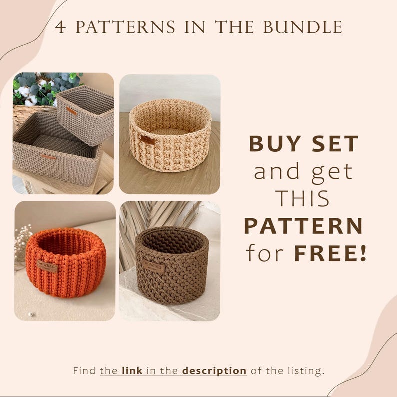 Puede incluir: Cuatro patrones de crochet para cestas en un paquete. Compra el conjunto y obt&eacute;n un patr&oacute;n gratis. Encuentra el enlace en la descripci&oacute;n.