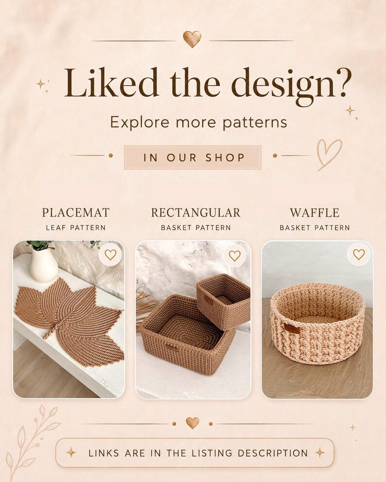 Pode incluir: Um gr&aacute;fico promocional com tr&ecirc;s artigos de croch&ecirc;: um lugar americano com padr&atilde;o de folha, dois cestos retangulares e um cesto redondo com padr&atilde;o de waffle. O texto diz: Liked the design? Explore more patterns in our shop.