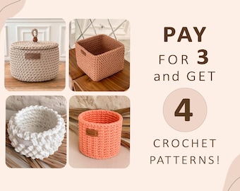 Crochet Basket Pattern Set, DIY Home Decor (4 PDF Patterns)