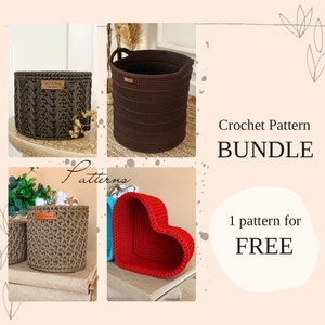 May include: A collage of four images showcasing crochet patterns for baskets. The top left image shows a green basket with a woven pattern. The top right image shows a brown basket with a ribbed pattern. The bottom left image shows two brown baskets with a diamond pattern. The bottom right image shows a red heart-shaped basket. The text "Crochet Pattern BUNDLE" and "1 pattern for FREE" is displayed on the image.