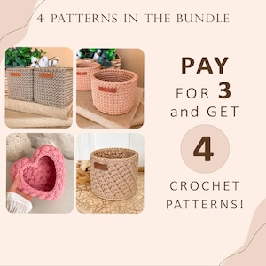 Puede incluir: Cuatro patrones de crochet para cestas y un contenedor en forma de corazón. Los patrones están disponibles en un paquete: paga por tres y recibe cuatro.