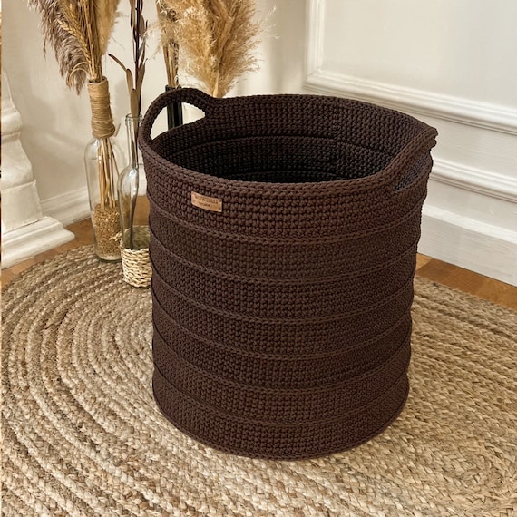 Crochet Basket Weave Pattern Blanket Holder with Handles Woven Rope Bin Making Easy Tutorial