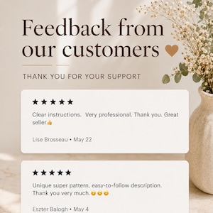 Może przedstawiać: Grafika z tekstem Feedback from our customers oraz THANK YOU FOR YOUR SUPPORT. Dwa białe prostokątne pola zawierają pięciogwiazdkowe recenzje od Lise Brosseau i Eszter Balogh, obok wazonu z suszonymi kwiatami.