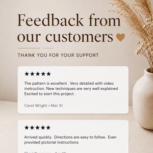 Pode incluir: Um gr&aacute;fico de feedback de clientes com o texto Feedback from our customers e Thank you for your support. Duas caixas brancas exibem avalia&ccedil;&otilde;es de cinco estrelas, os nomes Carol Wright e Shari Baumann e coment&aacute;rios escritos positivos.