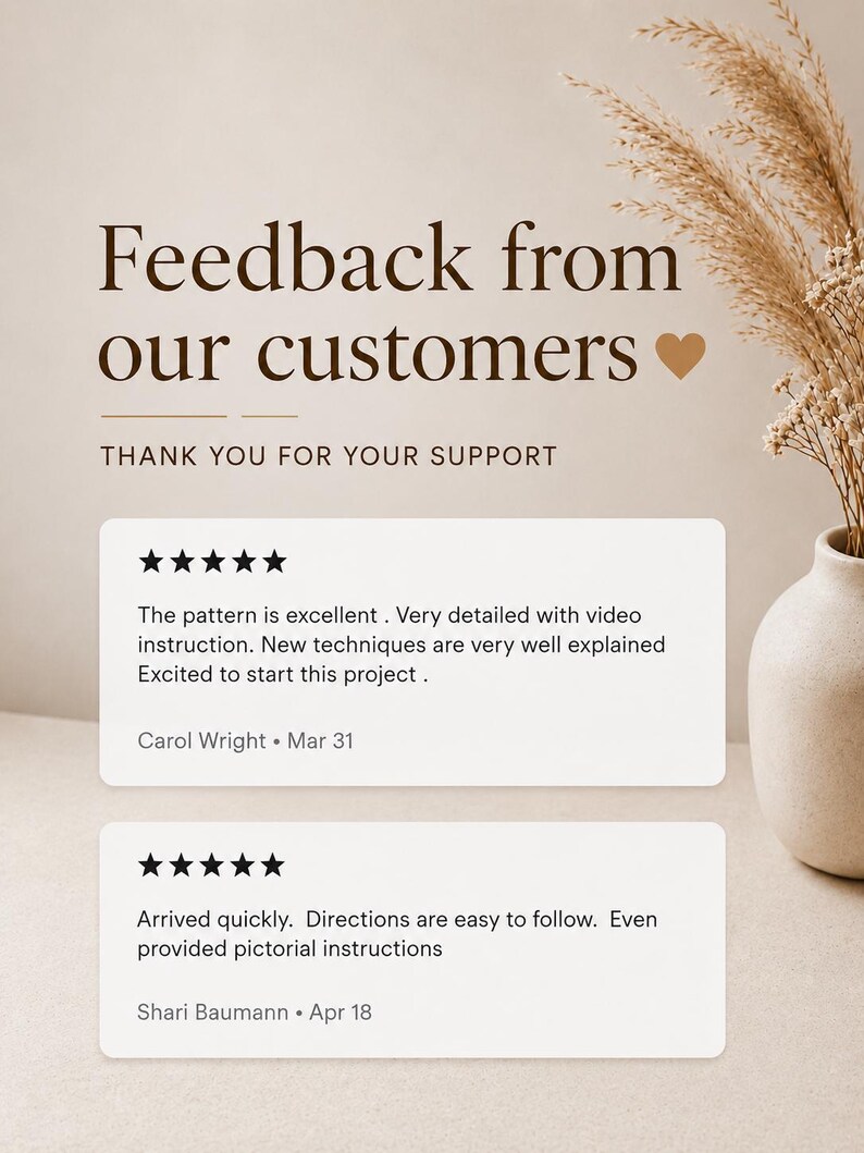 Pode incluir: Um gr&aacute;fico de feedback de clientes com o texto Feedback from our customers e Thank you for your support. Duas caixas brancas exibem avalia&ccedil;&otilde;es de cinco estrelas, os nomes Carol Wright e Shari Baumann e coment&aacute;rios escritos positivos.